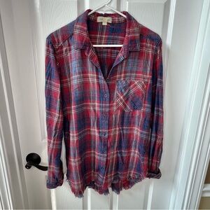 ⭐️ Cloth and Stone Frayed Hem Flannel Red and Blue Plaid Button Down Shirt LARGE